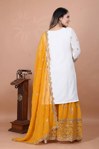 Function Wear Haldi Special Yellow Color Heavy Faux Georgette With Embroidery Sequence Work Sharara Suit