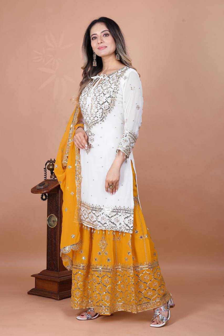 Function Wear Haldi Special Yellow Color Heavy Faux Georgette With Embroidery Sequence Work Sharara Suit