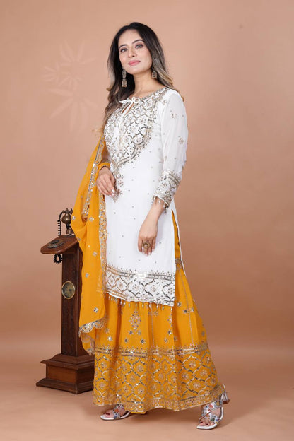 Function Wear Haldi Special Yellow Color Heavy Faux Georgette With Embroidery Sequence Work Sharara Suit