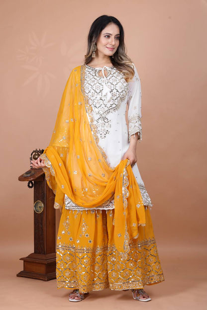 Function Wear Haldi Special Yellow Color Heavy Faux Georgette With Embroidery Sequence Work Sharara Suit