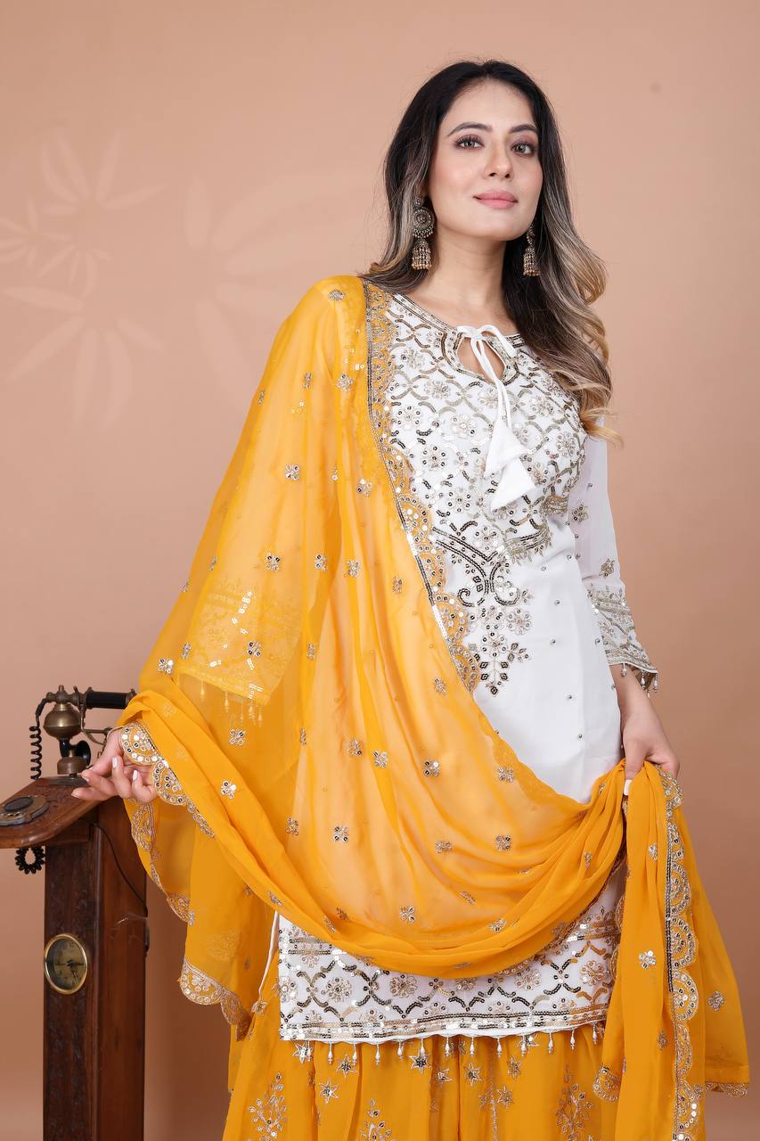 Function Wear Haldi Special Yellow Color Heavy Faux Georgette With Embroidery Sequence Work Sharara Suit