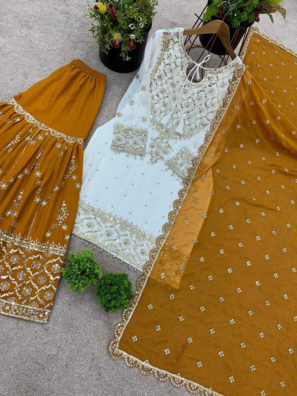 Function Wear Haldi Special Yellow Color Heavy Faux Georgette With Embroidery Sequence Work Sharara Suit