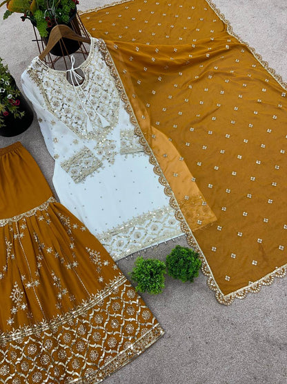 Function Wear Haldi Special Yellow Color Heavy Faux Georgette With Embroidery Sequence Work Sharara Suit