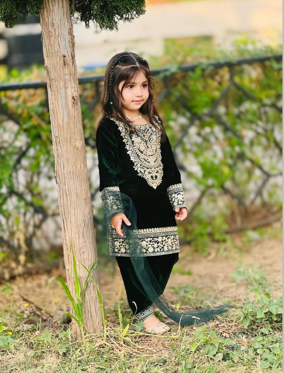 Designer Green Color Embroidered Kids Velvet Suit Set