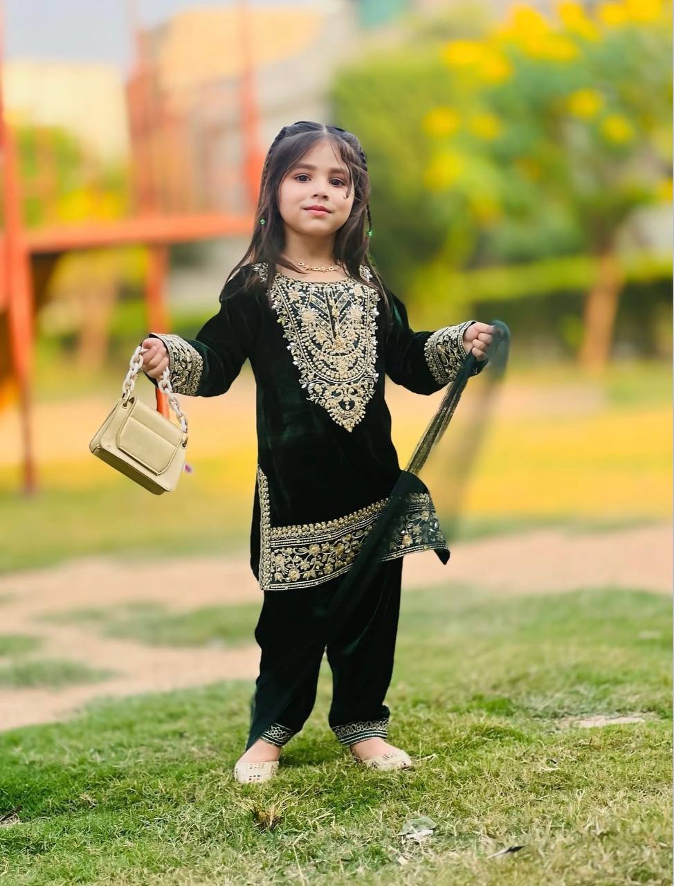 Designer Green Color Embroidered Kids Velvet Suit Set