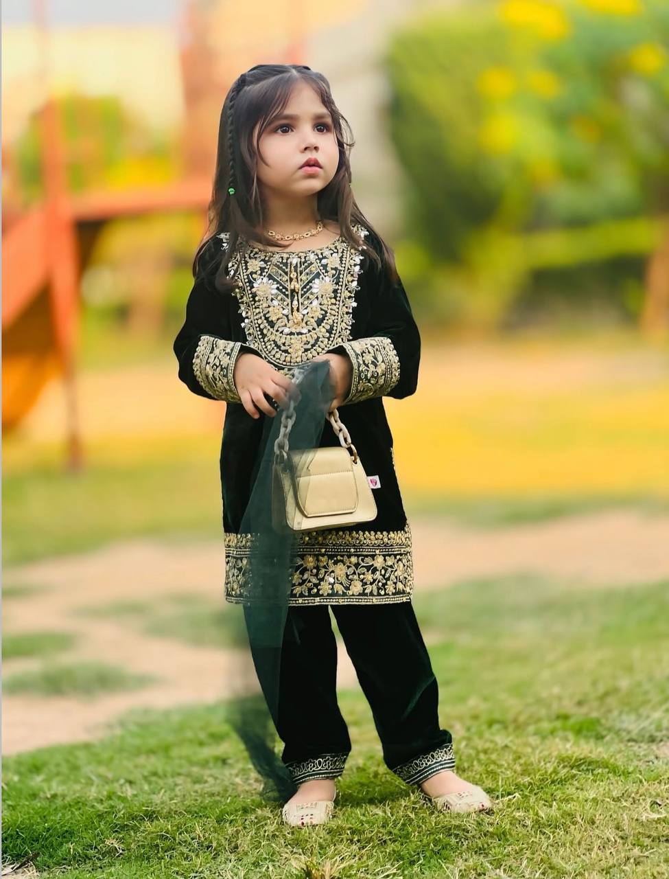 Designer Green Color Embroidered Kids Velvet Suit Set