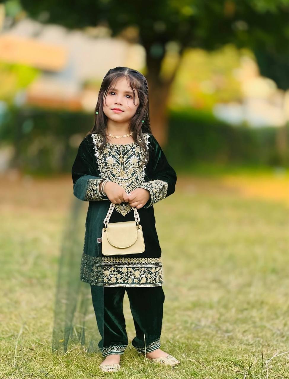 Designer Green Color Embroidered Kids Velvet Suit Set