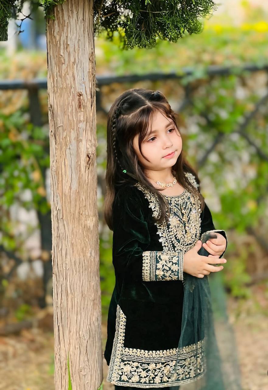 Designer Green Color Embroidered Kids Velvet Suit Set