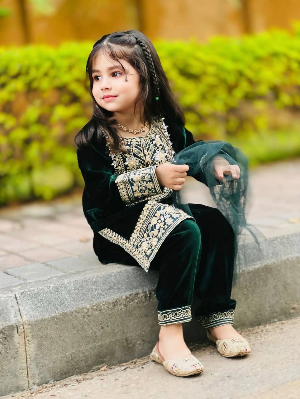 Designer Green Color Embroidered Kids Velvet Suit Set