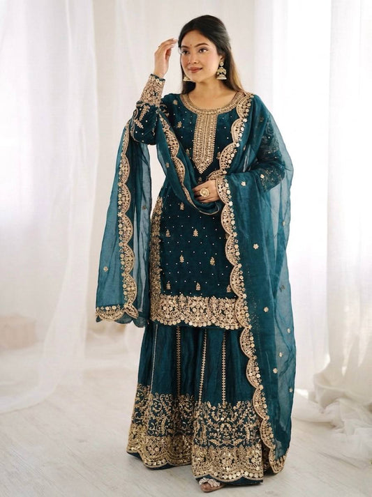 Designer Blue Color Sequence Embroidered Palazzo Suit With Dupatta