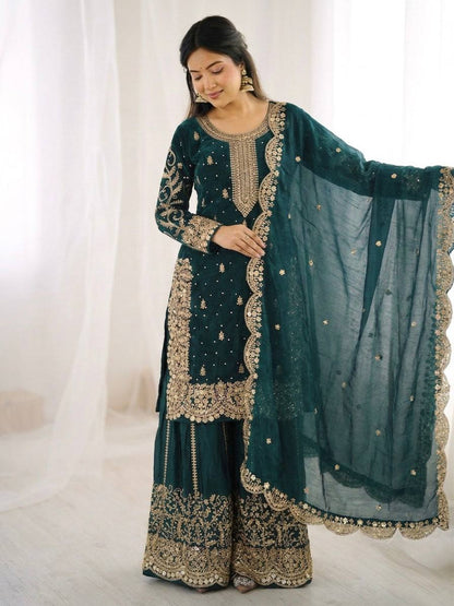 Designer Blue Color Sequence Embroidered Palazzo Suit With Dupatta