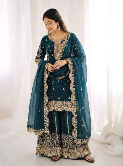Designer Blue Color Sequence Embroidered Palazzo Suit With Dupatta