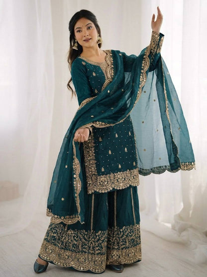 Designer Blue Color Sequence Embroidered Palazzo Suit With Dupatta