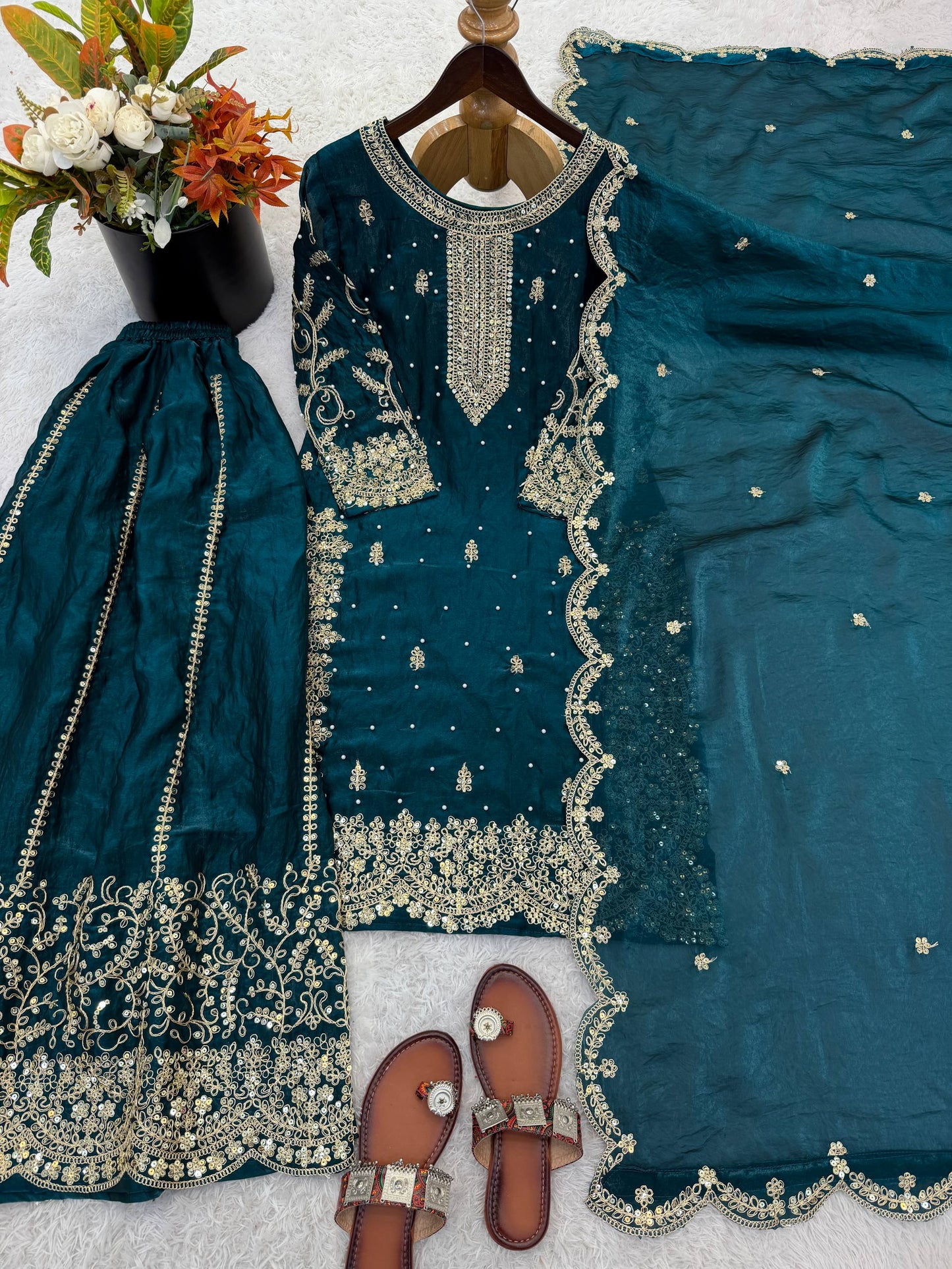 Designer Blue Color Sequence Embroidered Palazzo Suit With Dupatta