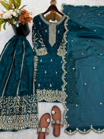 Designer Blue Color Sequence Embroidered Palazzo Suit With Dupatta