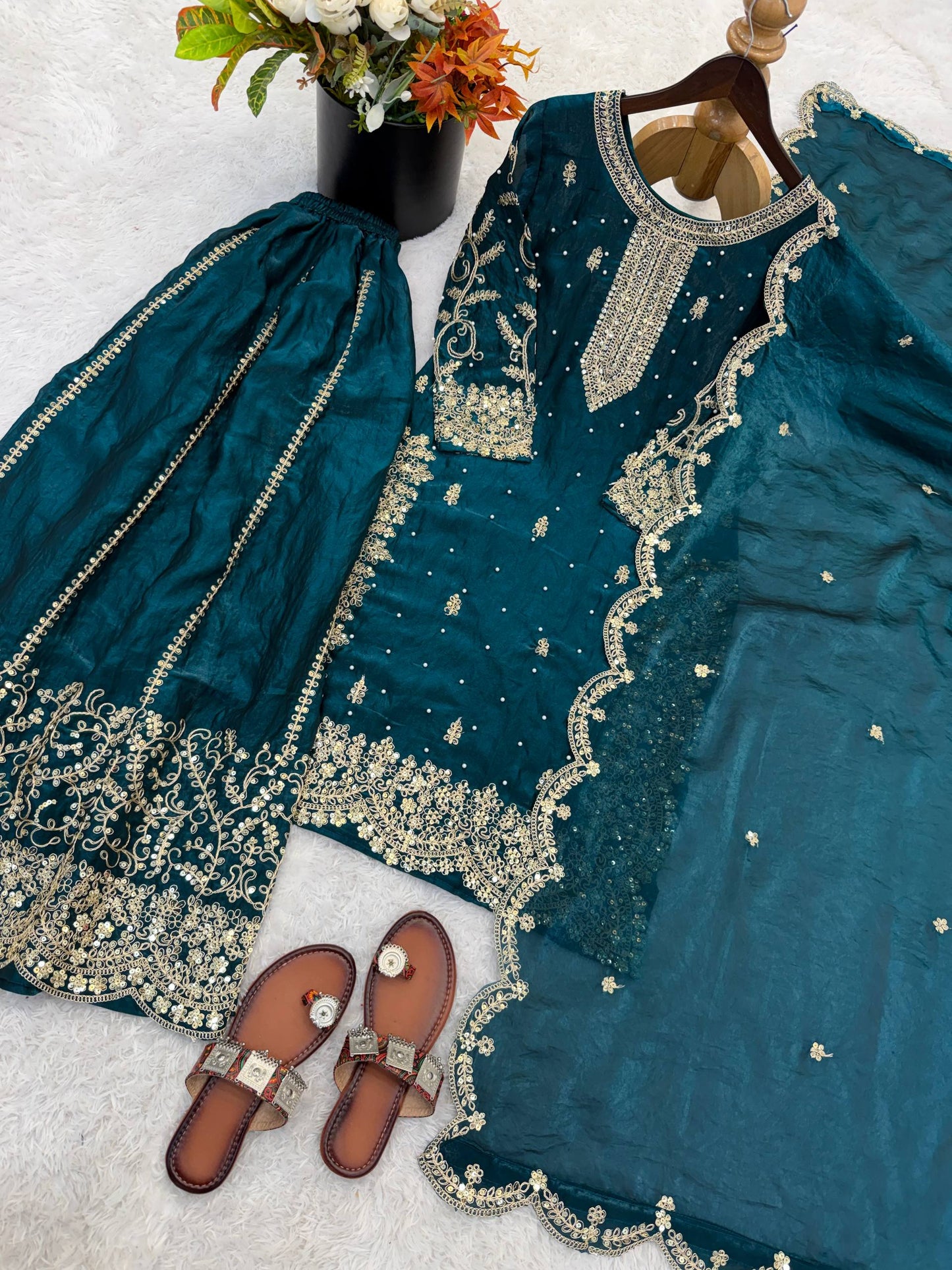 Designer Blue Color Sequence Embroidered Palazzo Suit With Dupatta