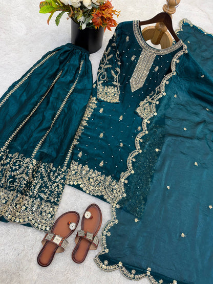 Designer Blue Color Sequence Embroidered Palazzo Suit With Dupatta