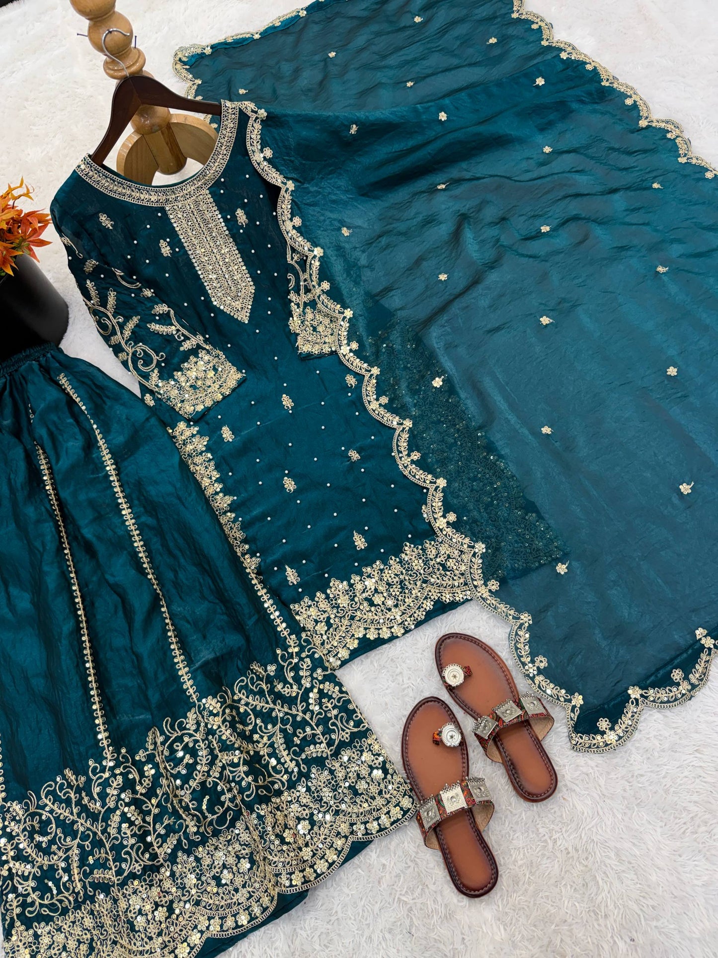 Designer Blue Color Sequence Embroidered Palazzo Suit With Dupatta