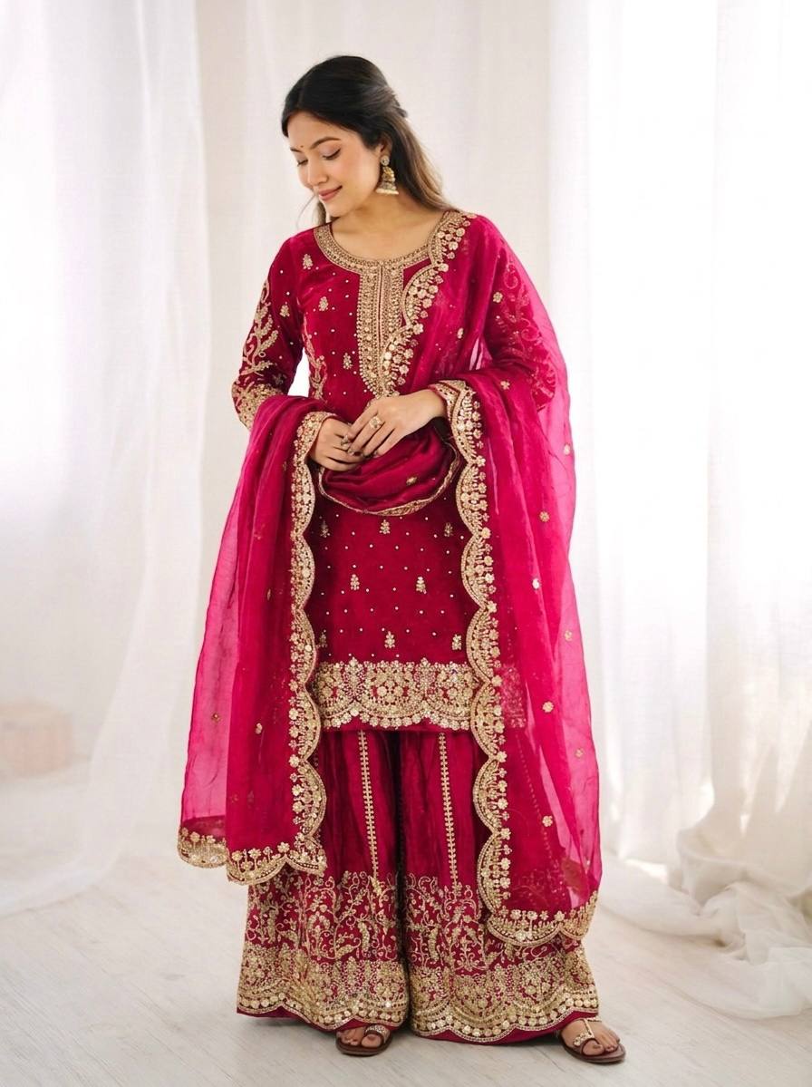 Glorious Pink Color Sequence Embroidered Sharara Suit