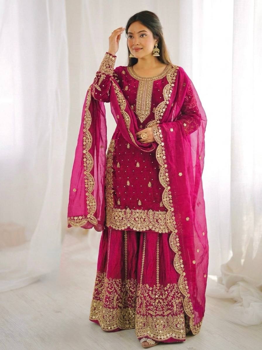 Glorious Pink Color Sequence Embroidered Sharara Suit