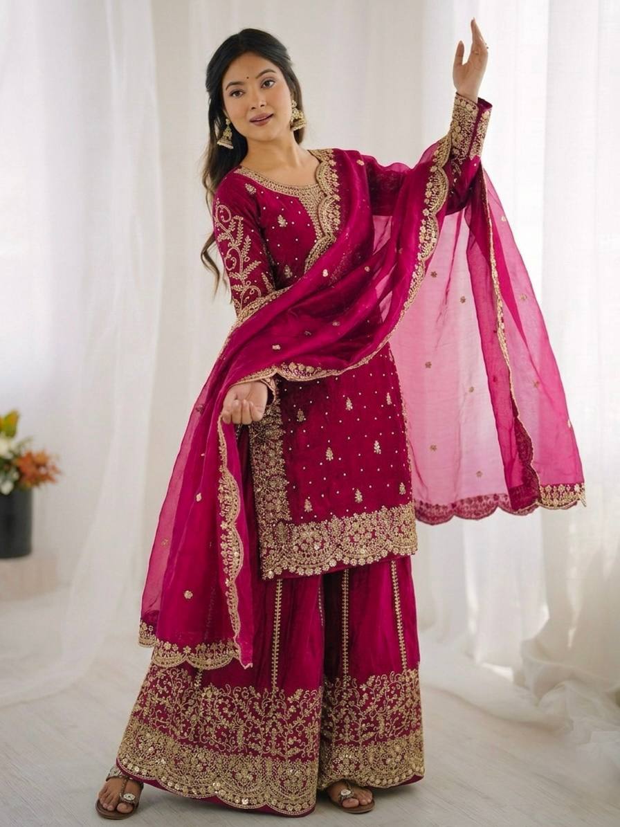 Glorious Pink Color Sequence Embroidered Sharara Suit