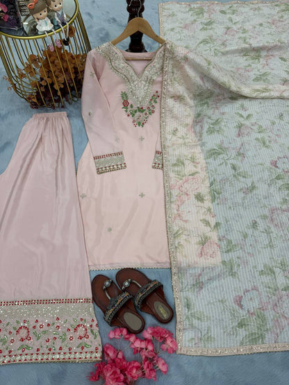 Party Wear Baby Pink Color Pure Natural Crepe With Embroidery Work Palazzo Suit