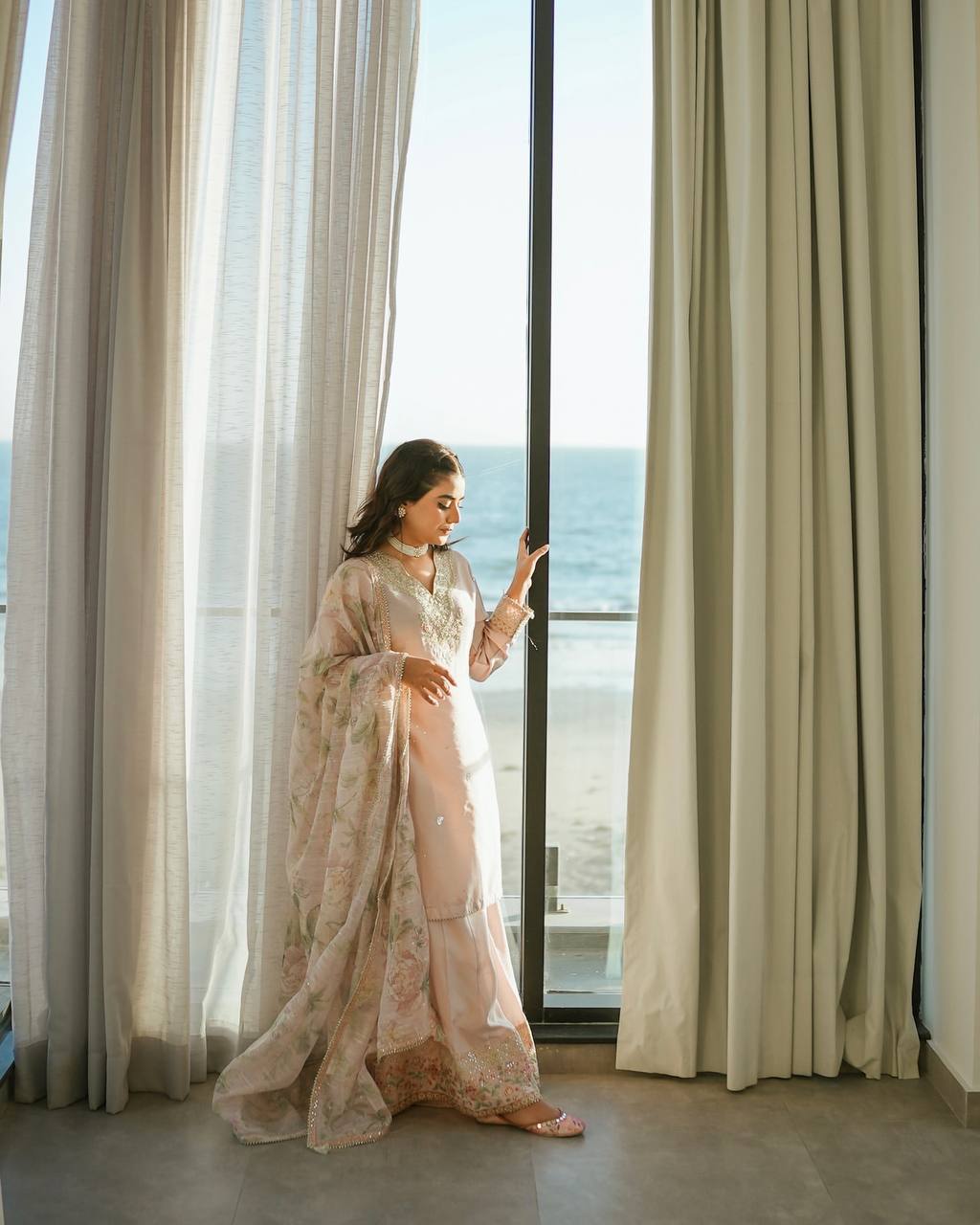 Party Wear Baby Pink Color Pure Natural Crepe With Embroidery Work Palazzo Suit