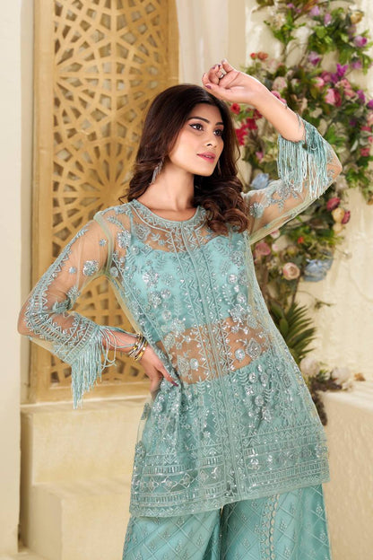 Function Wear Green Butterfly Net With Sequence Embroidery Work Palazzo Suit