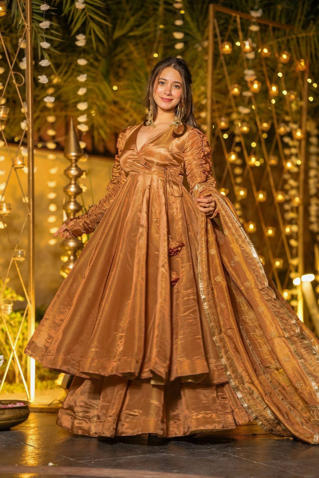 Beautiful Party Wear Rust Fendy Silk Designer Anarkali Palazzo Suit