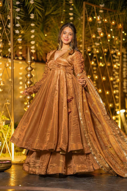Beautiful Party Wear Rust Fendy Silk Designer Anarkali Palazzo Suit