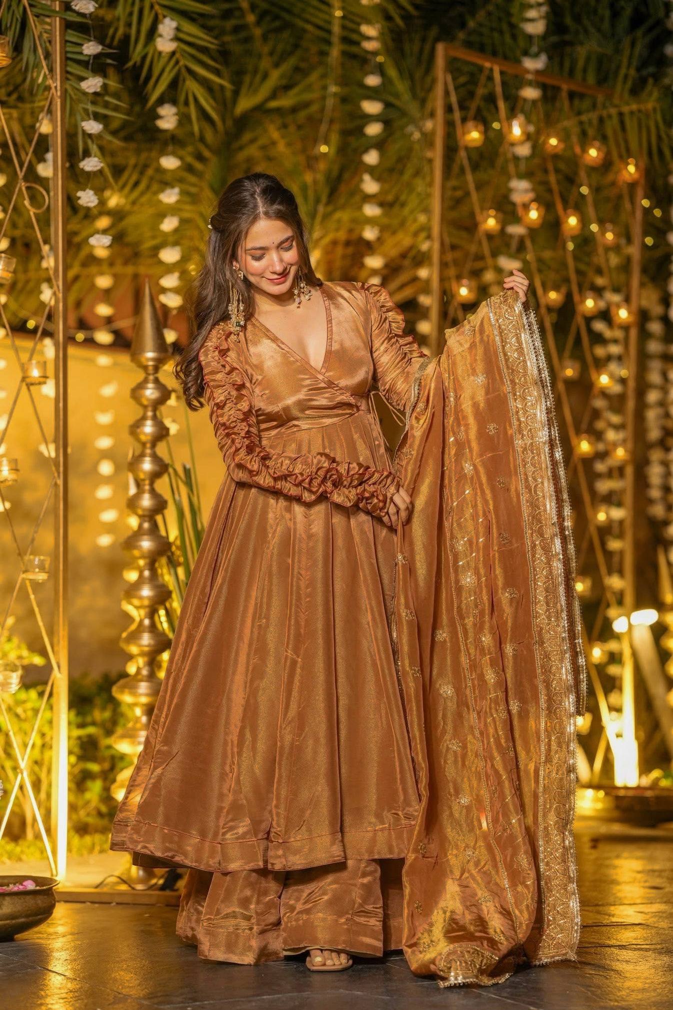Beautiful Party Wear Rust Fendy Silk Designer Anarkali Palazzo Suit