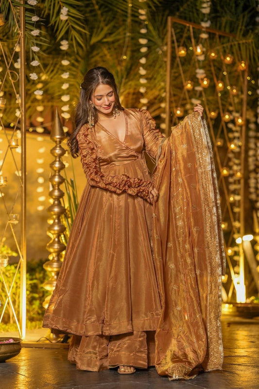 Beautiful Party Wear Rust Fendy Silk Designer Anarkali Palazzo Suit