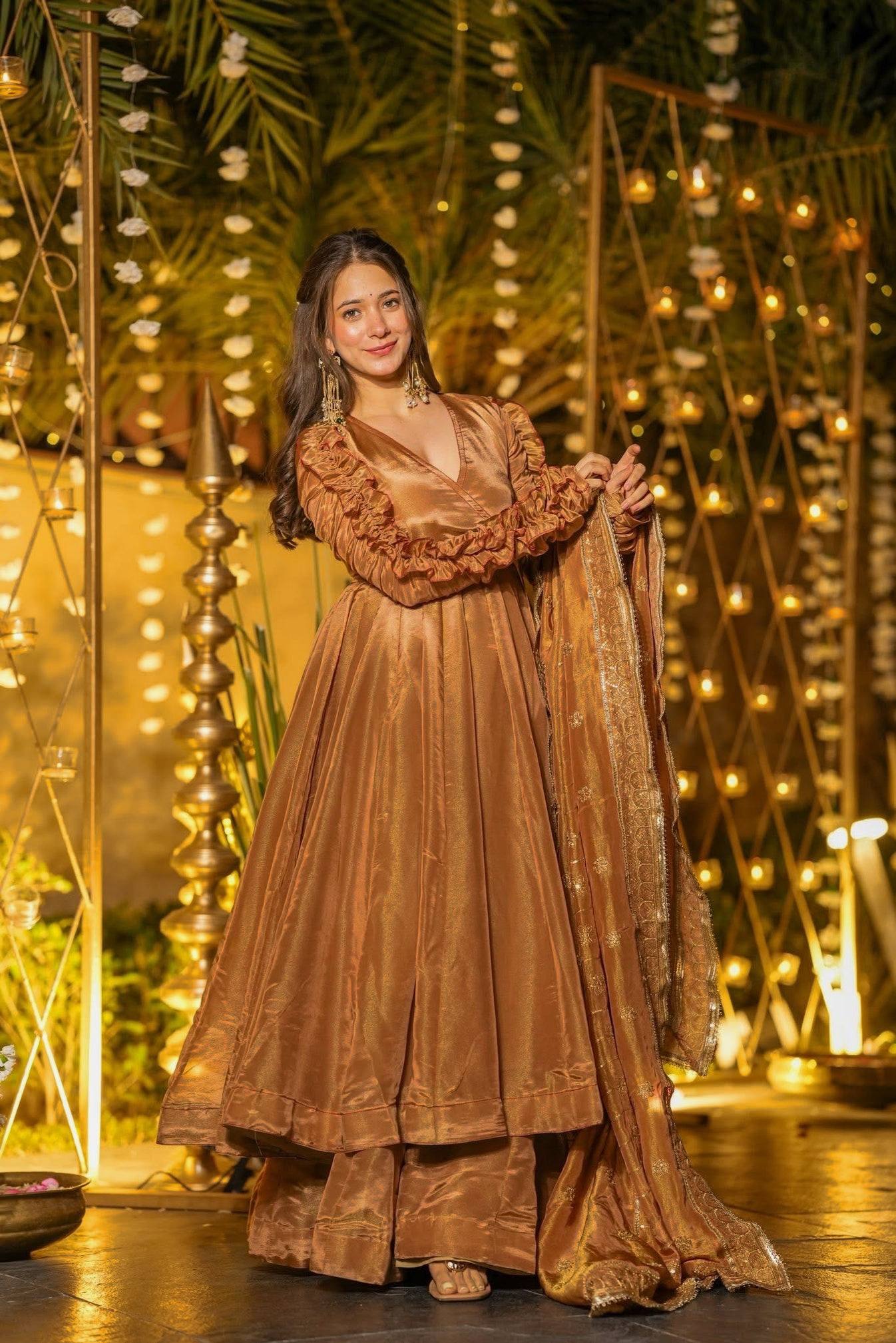 Beautiful Party Wear Rust Fendy Silk Designer Anarkali Palazzo Suit