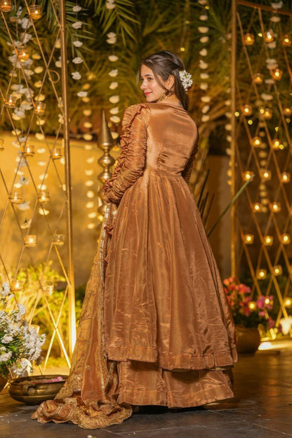 Beautiful Party Wear Rust Fendy Silk Designer Anarkali Palazzo Suit