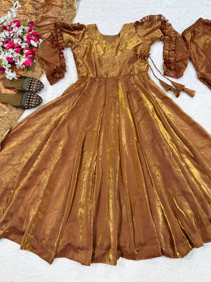 Beautiful Party Wear Rust Fendy Silk Designer Anarkali Palazzo Suit