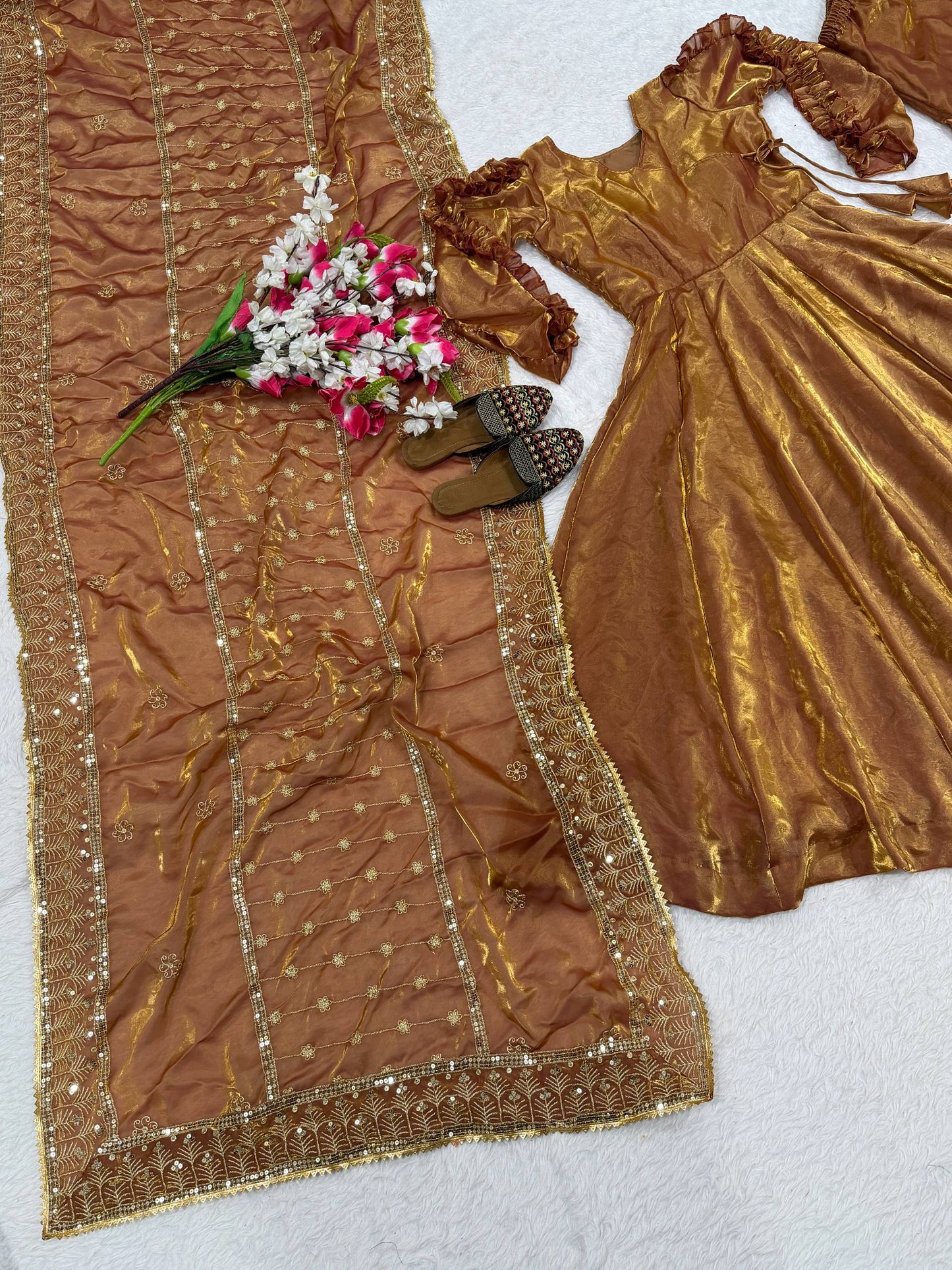 Beautiful Party Wear Rust Fendy Silk Designer Anarkali Palazzo Suit