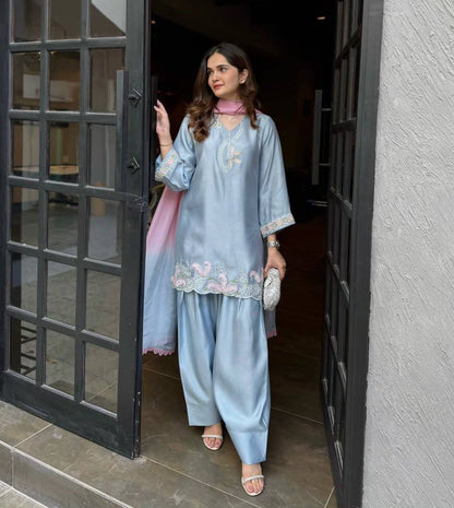 Sky Blue Color Designer Malay Satin Silk Farshi Salwar Set