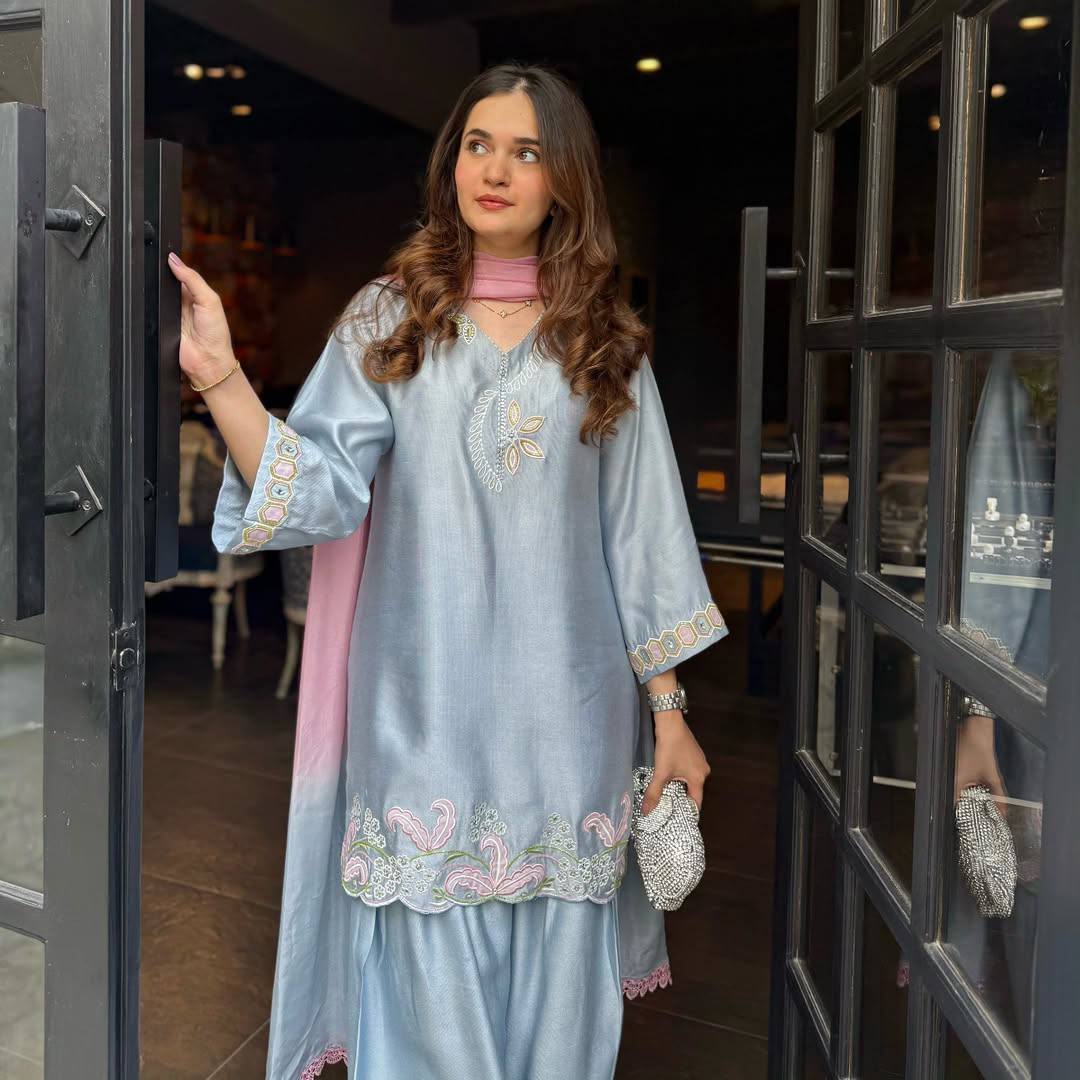 Sky Blue Color Designer Malay Satin Silk Farshi Salwar Set