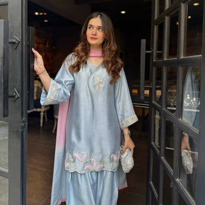 Sky Blue Color Designer Malay Satin Silk Farshi Salwar Set