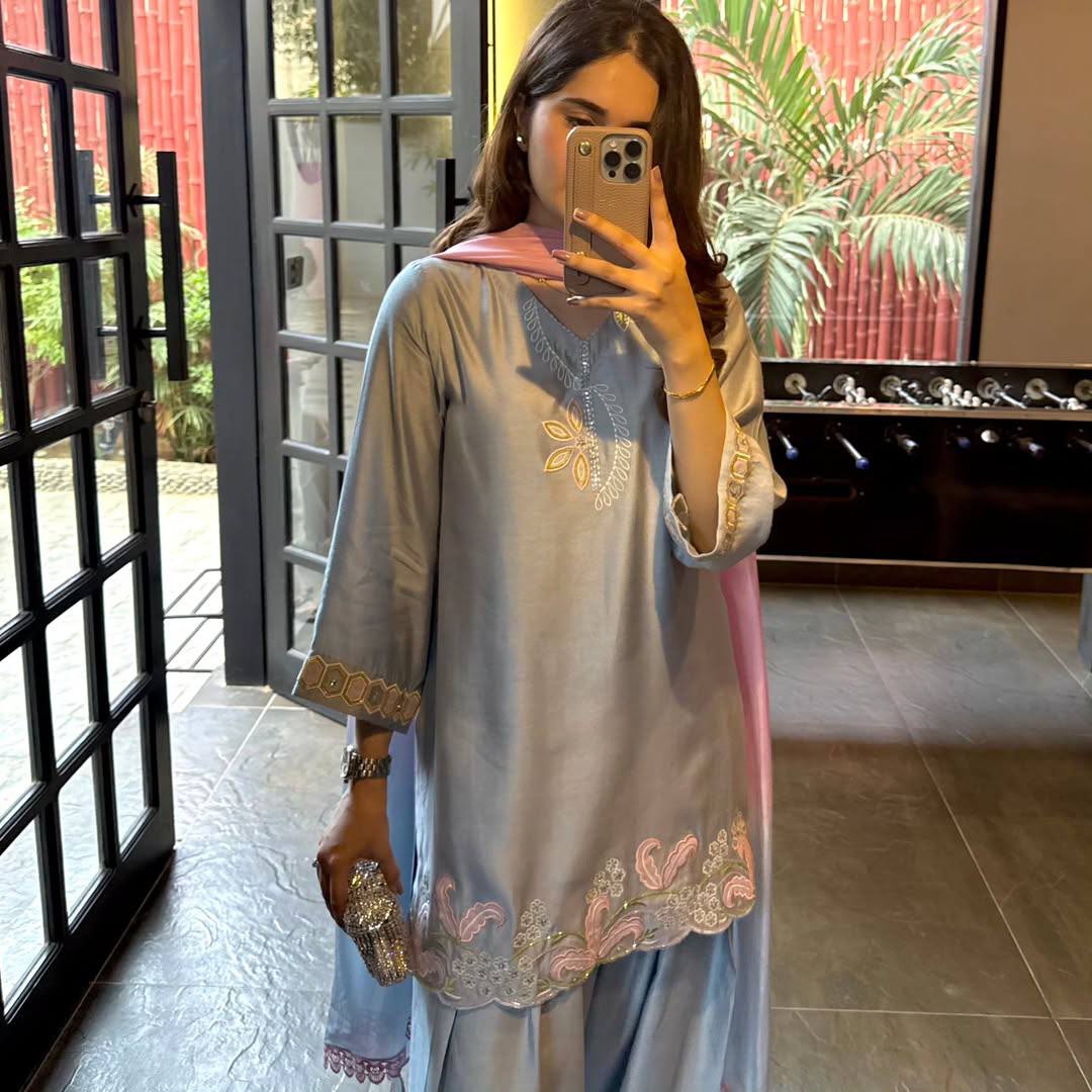 Sky Blue Color Designer Malay Satin Silk Farshi Salwar Set