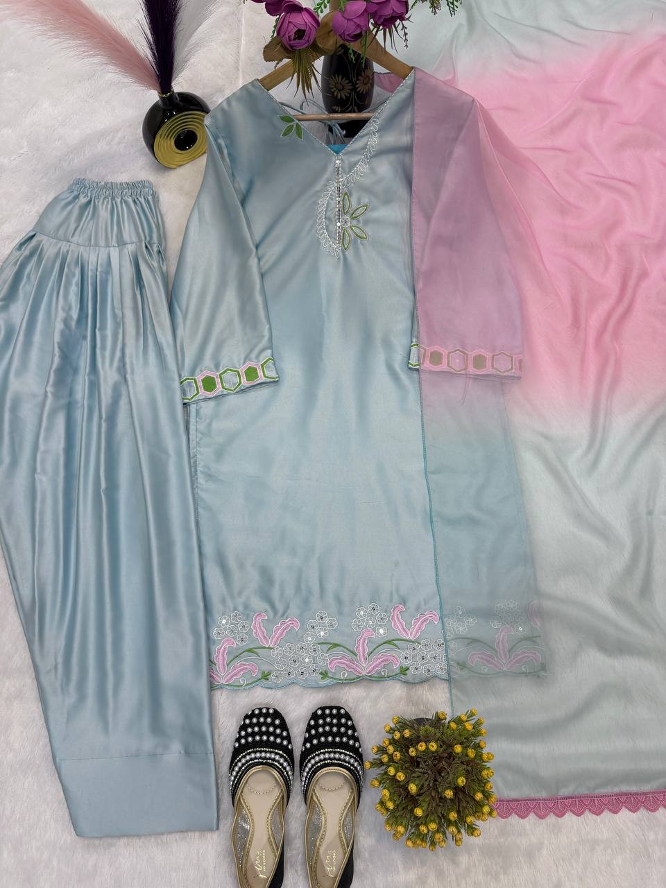 Sky Blue Color Designer Malay Satin Silk Farshi Salwar Set
