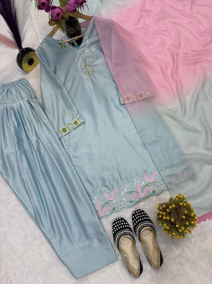 Sky Blue Color Designer Malay Satin Silk Farshi Salwar Set