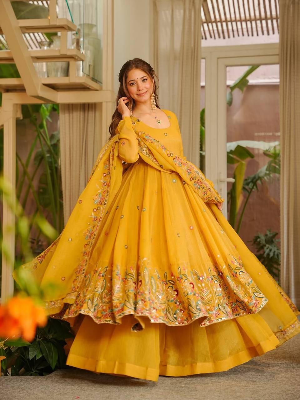 Presenting Yellow Color Anarkali With Palazzo Suit
