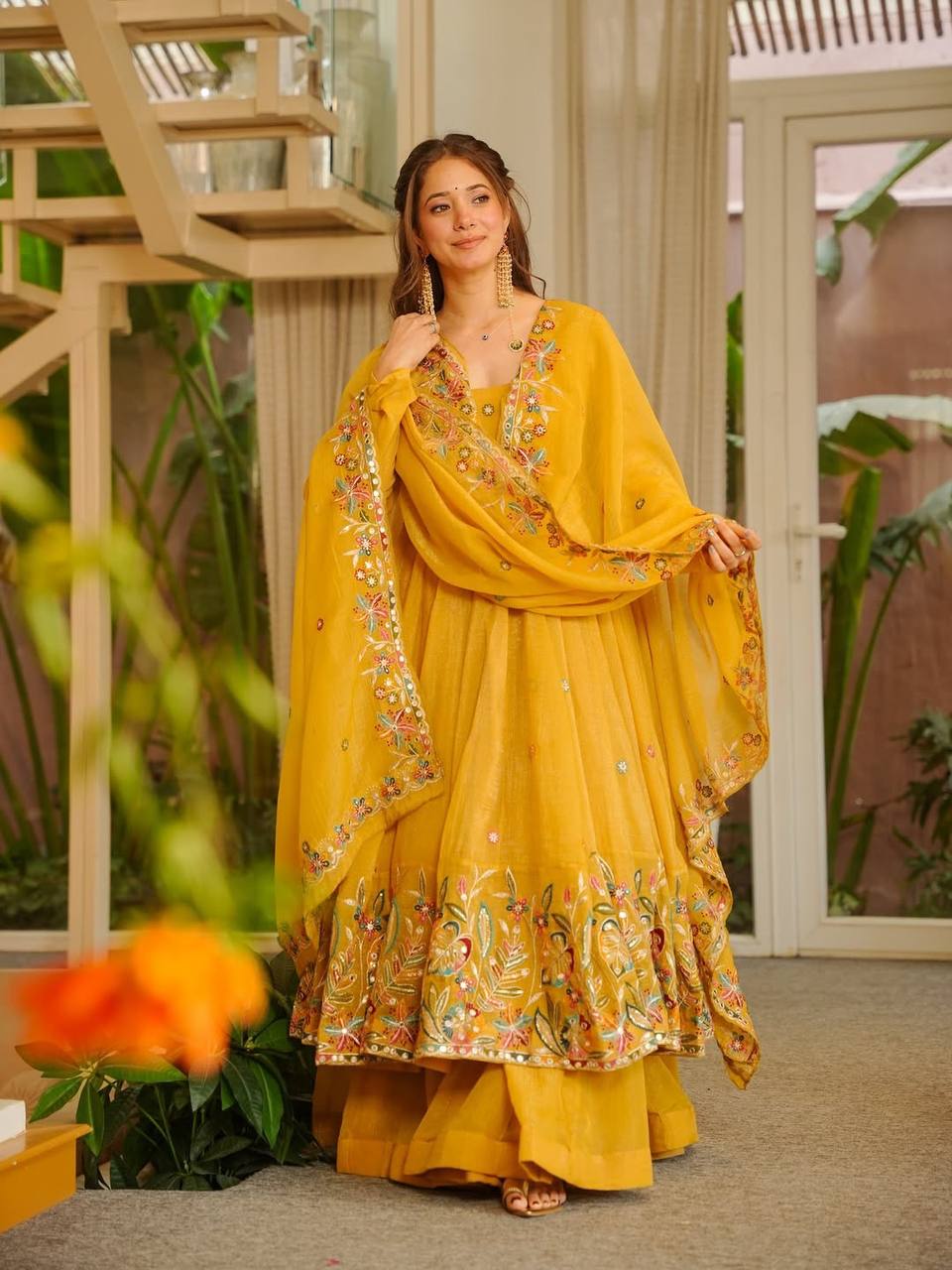 Presenting Yellow Color Anarkali With Palazzo Suit