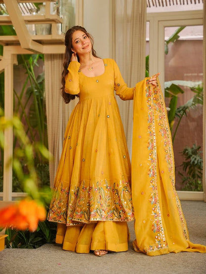 Presenting Yellow Color Anarkali With Palazzo Suit