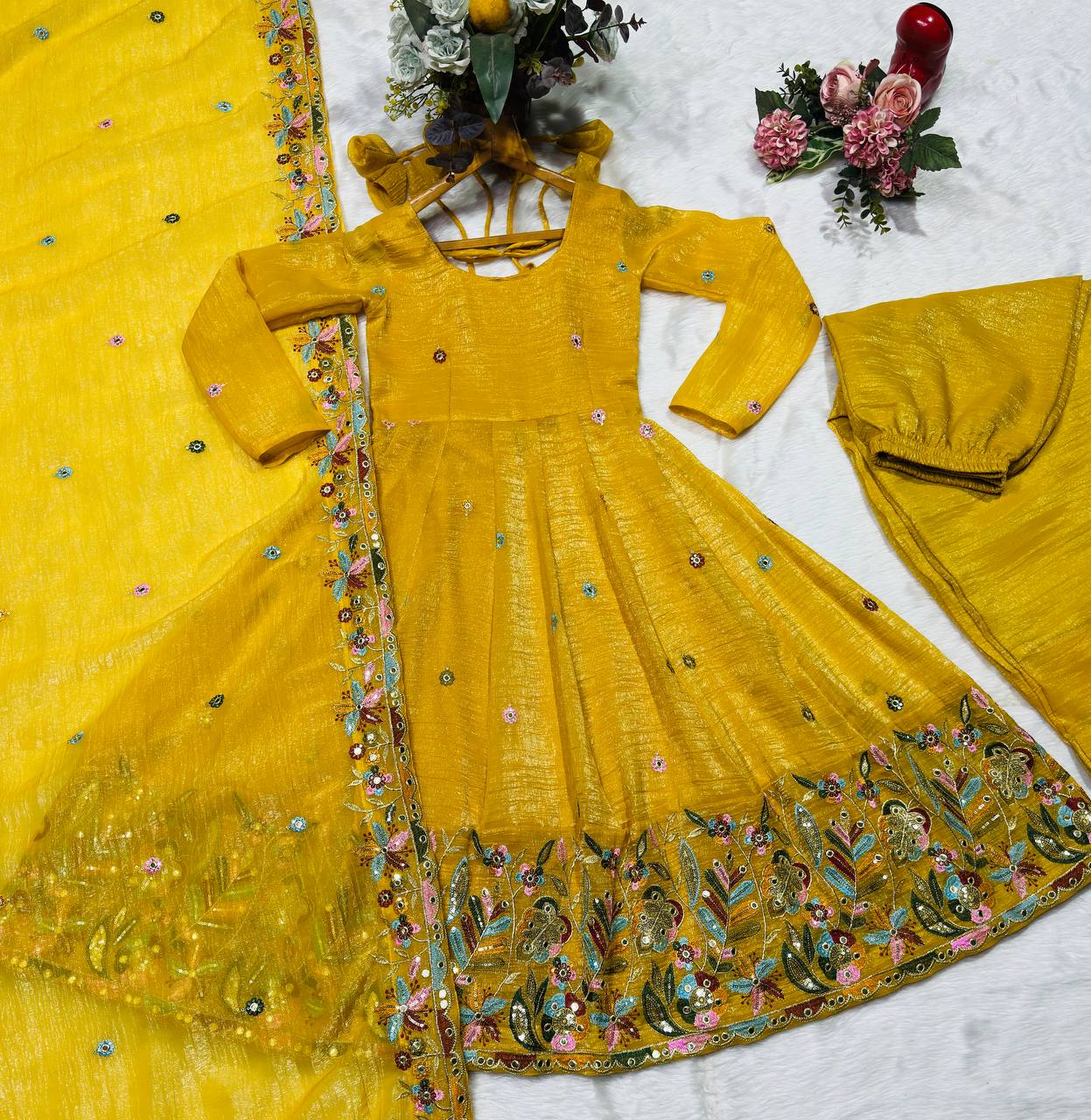 Function Wear Yellow Color Soft Crunchy Silk Gown Sharara Set