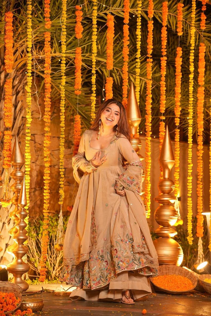 Festive Wear Beige Color Soft Crunchy Silk Gown Sharara Set
