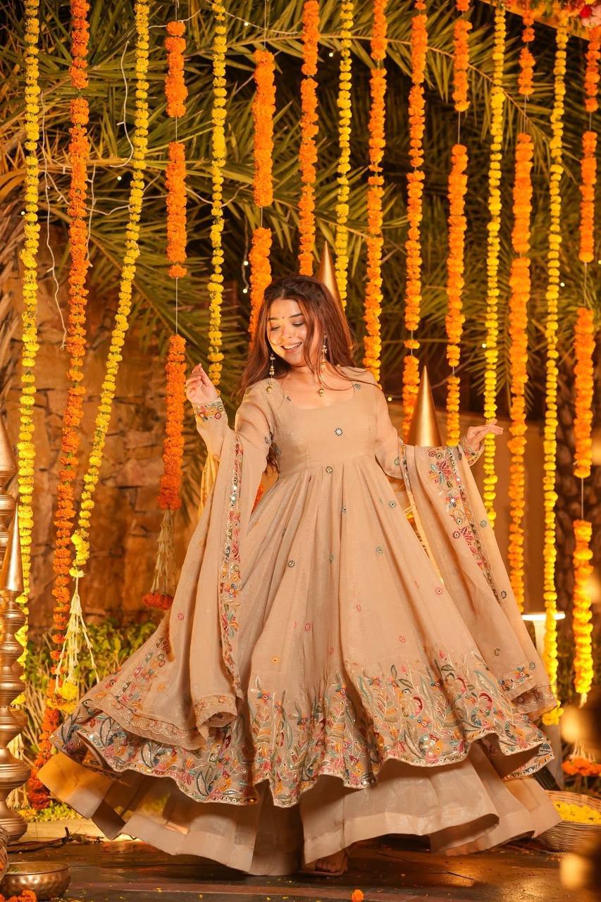 Festive Wear Beige Color Soft Crunchy Silk Gown Sharara Set