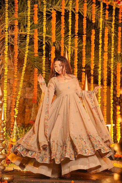 Festive Wear Beige Color Soft Crunchy Silk Gown Sharara Set