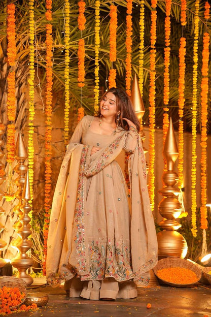 Festive Wear Beige Color Soft Crunchy Silk Gown Sharara Set